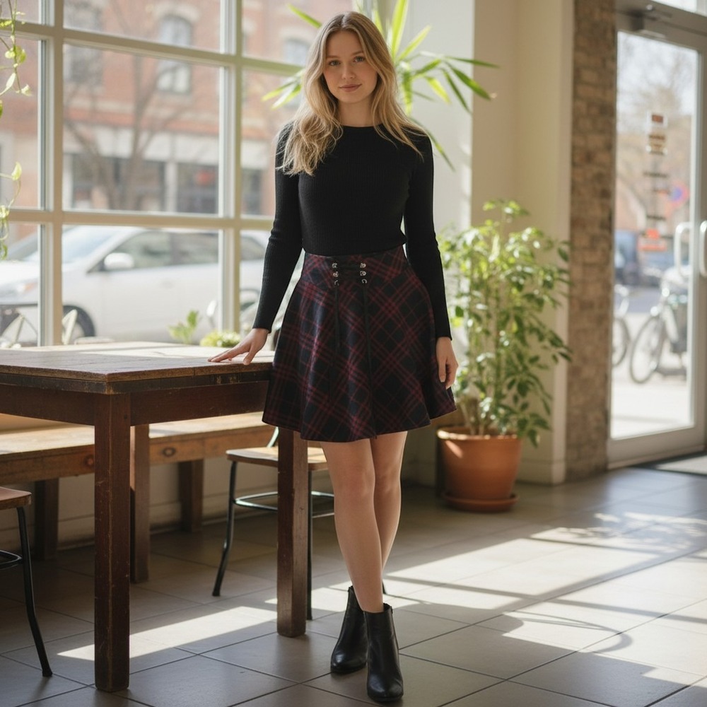 Plaid Skater Skirt Womens S Corset Lace Up Goth Punk Grunge Dark Academia
